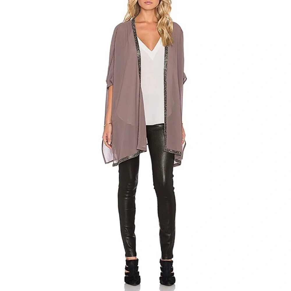 Bishop + Young | Embellished Beaded Ribbon Open Front High Low Sheer Kimono - Picture 2 of 16